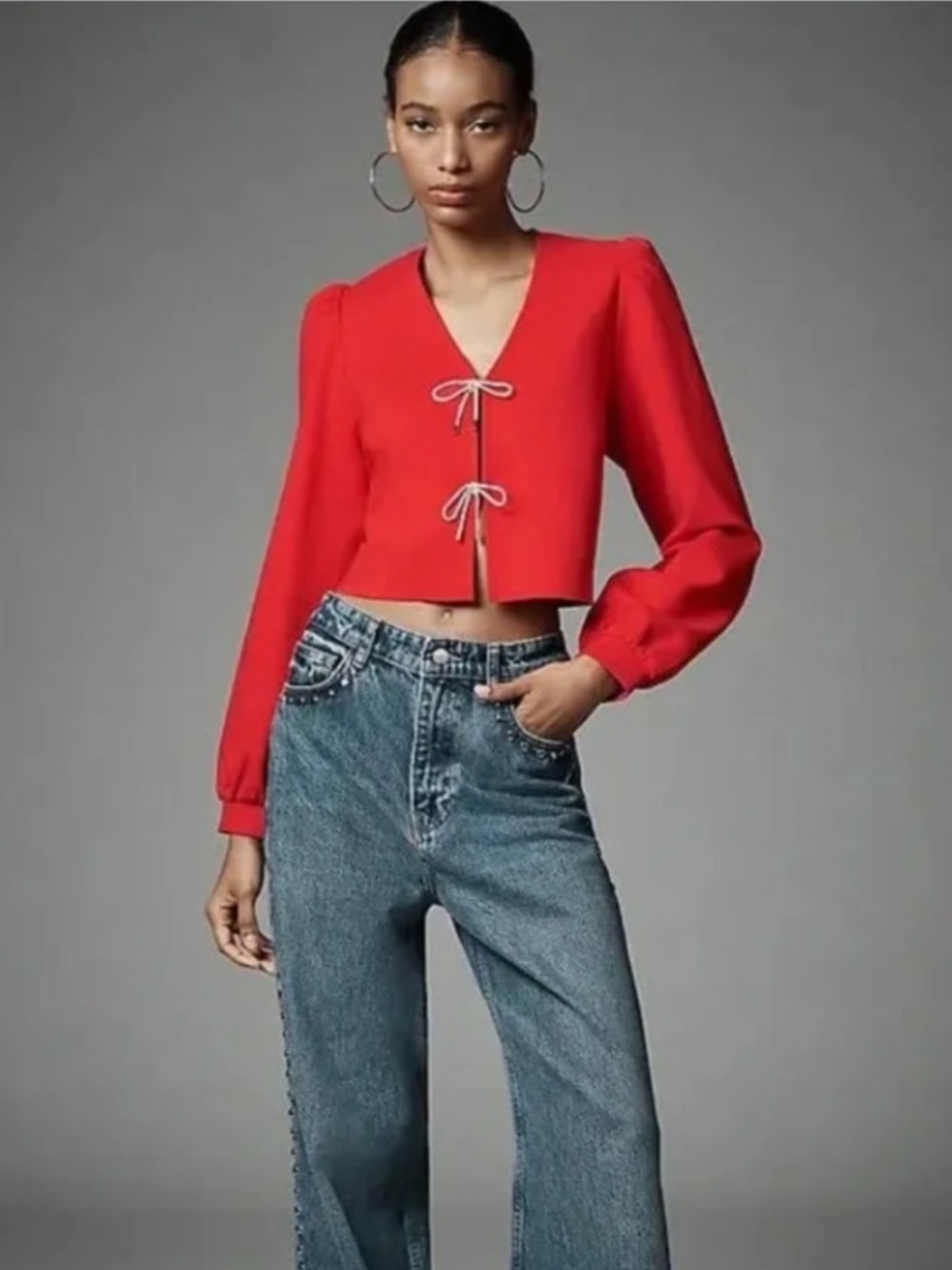 Dolan left coast center Red rhinestone bow front v-neck top